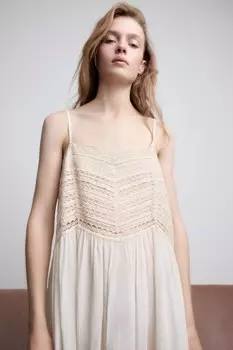 Кружевное платье с брязками ZARA, светло-бежевый