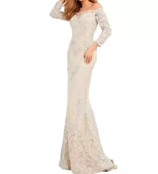 Кружевное платье с открытыми плечами в цвете Taupe JOVANI, серо-коричневый