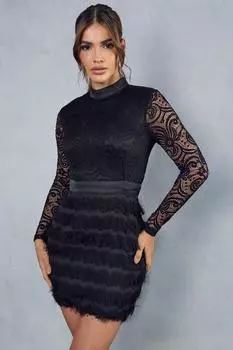 Кружевное платье с высокой горловиной и юбкой с бахромой MISSPAP, черный