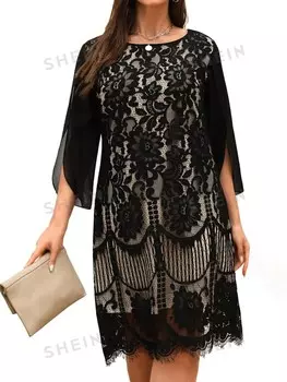 Кружевное платье-туника Clasi Plus с разрезом и цветочным принтом Shein, черный
