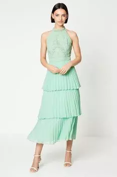 Кружевное плиссированное многоярусное платье мидакси без рукавов Oasis, зеленый