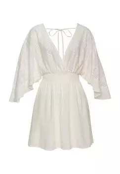 Кружевное пляжное платье, рукава 7/8, завязка, женское LASCANA, кремовый