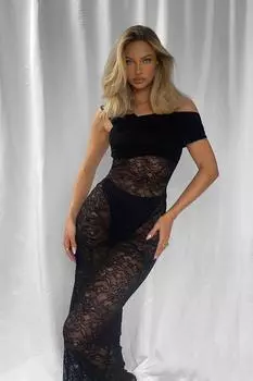 Кружевное прозрачное платье макси с открытыми плечами и вставками из брюк MISSPAP, черный