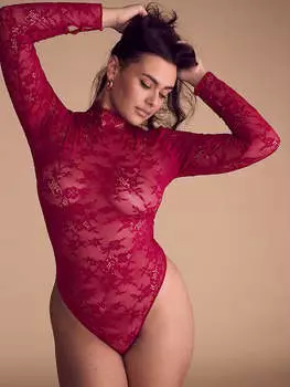 Кружевной боди с длинными рукавами Very Sexy, красный