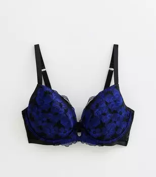 Кружевной бюстгальтер с глубоким вырезом Indigo DD+ с цветочным принтом New Look, индиго
