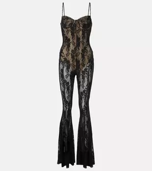 Кружевной комбинезон с расклешенными брючинами Norma Kamali, Black Stretch Lace/Nu