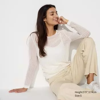 Кружевной свитер с круглым вырезом UNIQLO, белый