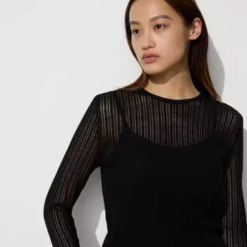 Кружевной свитер с круглым вырезом UNIQLO, черный
