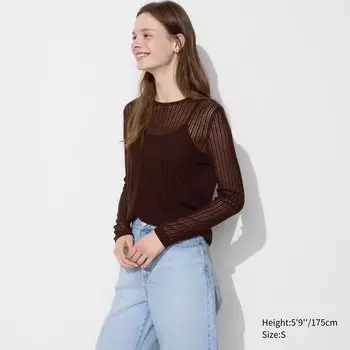 Кружевной свитер с круглым вырезом UNIQLO, темно-коричневый