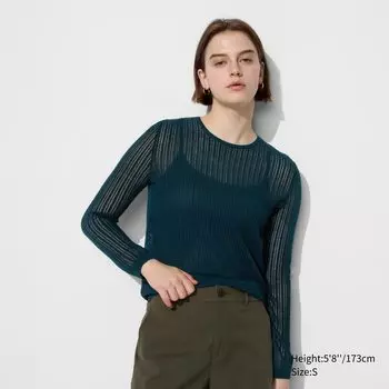 Кружевной свитер с круглым вырезом UNIQLO, зеленый
