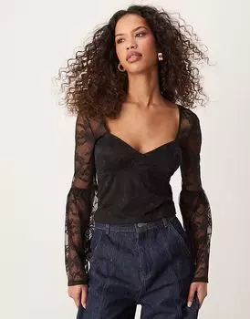 Кружевной топ ASOS DESIGN со сборками и расклешенными рукавами черного цвета