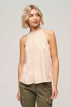 Кружевной топ без рукавов с воротником стойкой Superdry, розовый