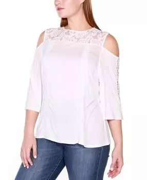 Кружевной топ больших размеров с рюшами и открытыми плечами Belldini, белый