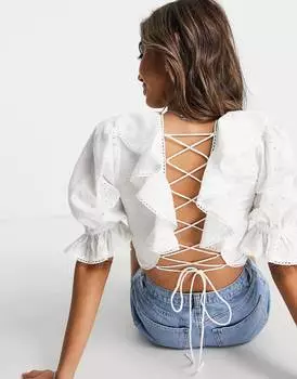 Кружевной топ цвета слоновой кости с оборками на спине Miss Selfridge