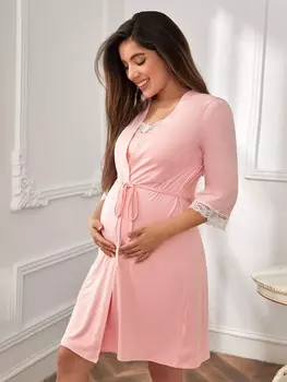 Кружевной топ и платье-комбинация для беременных с цветочным принтом для мам Shein, розовый