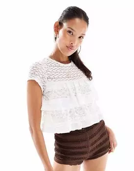 Кружевной топ Miss Selfridge с короткими рукавами и оборками кремового цвета