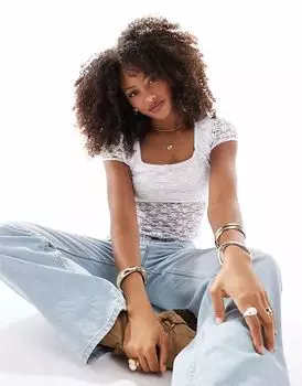 Кружевной топ Miss Selfridge с рукавами-крылышками и бантом, белый цвет