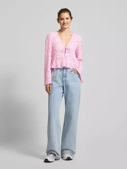 Кружевной топ прямого кроя с длинными рукавами-фонариками, модель «FIORA» Pieces, светло-розовый
