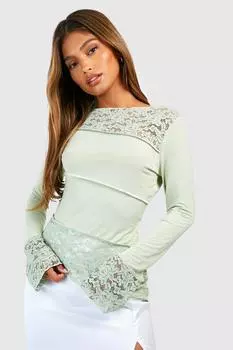 Кружевной топ с асимметричным нимом Boohoo, шалфей