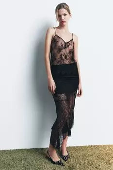 Кружевной топ с бретельками ZARA, черный
