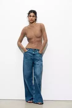 Кружевной топ с длинным рукавом ZARA, цвет Dark tan