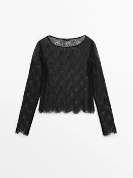 Кружевной топ с длинными рукавами Massimo Dutti, черный