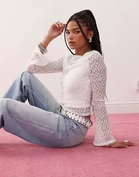Кружевной топ с длинными рукавами Reclaimed Vintage белого цвета