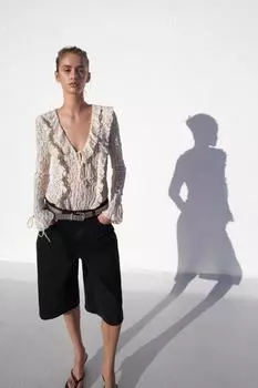 Кружевной топ с оборками ZARA, экрю