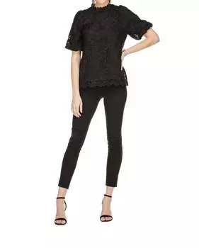 Кружевной топ с рукавами-фонариками черного цвета Jade