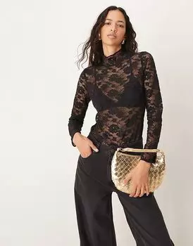 Кружевной топ с высоким воротом и длинными рукавами черного цвета Abercrombie & Fitch