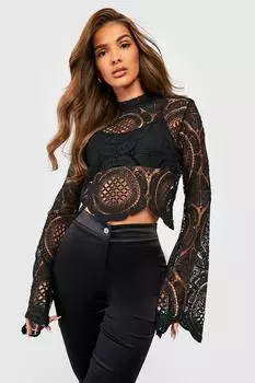 Кружевной укороченный топ с черепаховым вырезом Boohoo, черный
