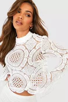 Кружевной укороченный топ с черепаховым вырезом Boohoo, белый