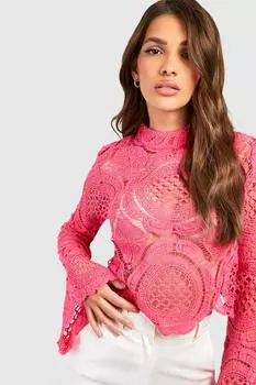 Кружевной укороченный топ с черепаховым вырезом Boohoo, фуксия