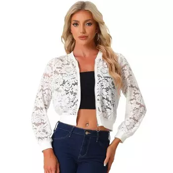 Кружевные куртки для женщин, воротник-стойка на молнии, сетчатая прозрачная куртка-бомбер ALLEGRA K, белый