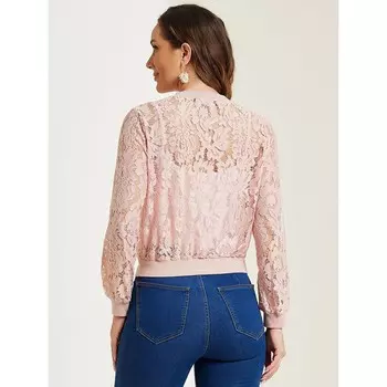 Кружевные куртки для женщин, воротник-стойка на молнии, сетчатая прозрачная куртка-бомбер ALLEGRA K, красный