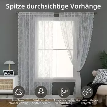 Кружевные шторы CMYbabee — красивые кружевные шторы с вышивкой серых цветов, комплект из 2 прозрачных кружевных винтажных штор, В 183 x Ш 145 см, серый