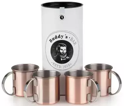 Кружка Buddy's "Buddy's Bar", (набор, 4 шт), кружка "Московский Мул", 450 мл, высококачественная нержавеющая сталь, старинная медь 9х9 см, 450мл, медный/красный/коричневый/золотой
