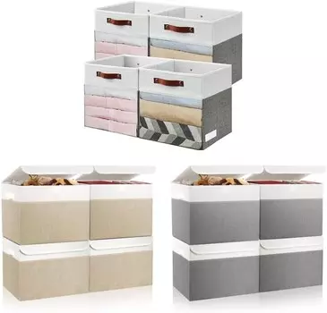 Кубики с прозрачным окном. Тканевые контейнеры 13 x 13 + складные контейнеры из льняной ткани емкостью 42 литра (серый и белый + бежевый и белый) Bagnizer