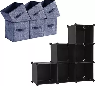 Кубы для хранения SONGMICS и комплект органайзеров для хранения кубов, 11-дюймовые корзины из нетканого материала с двойными ручками, органайзеры для шкафов-кубов и места для хранения, темно-синие и черные UROB026I01 и ULPC06H, Black,Blue,Navy