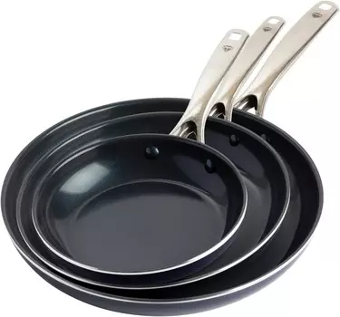 Кухонная посуда Blue Diamond, наполненная здоровым керамическим антипригарным покрытием, набор сковород 8, 10 и 12 дюймов, не содержит ПФАС и ПФОК, можно мыть в посудомоечной машине и духовке, прочный, универсальный, легко чистится, синий, Blue