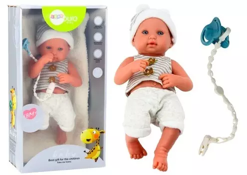 Кукла в бело-серой одежде, шапке, соске и одеяле. Lean Toys