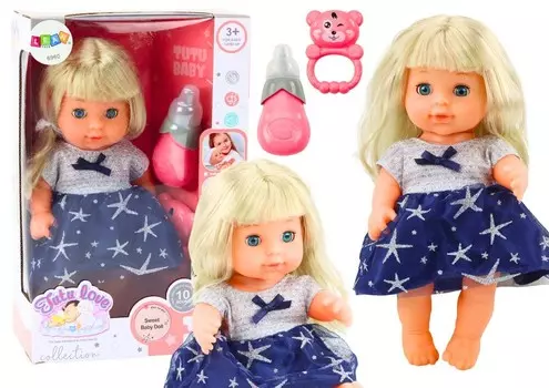 Кукла в темно-синем платье писает из бутылки и дребезжит Bemi