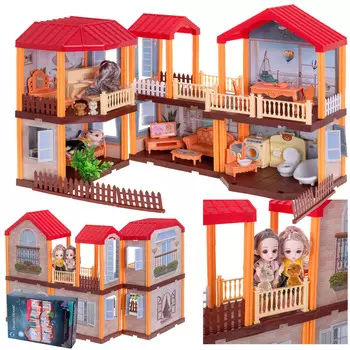 Кукольный домик Вилла с освещением на красной крыше, большой комплект для самостоятельной сборки ikonka