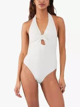 Купальник Accessorize в рубчик с бретелькой на шее и завязкой-кроликом, белый