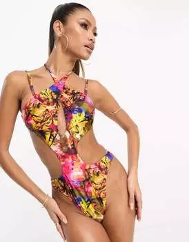 Купальник ASOS с вырезом через плечо и ярким абстрактным графическим принтом
