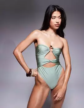 Купальник-бандо ASOS DESIGN Holly с отделкой бисером в цвете морской пены