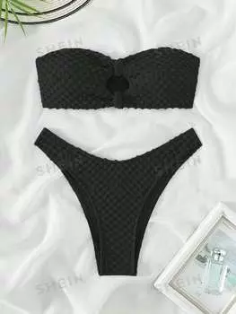 Купальник-бандо текстурированный Shein Swim Basics с V-образным вырезом на талии, черный