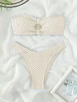 Купальник-бандо текстурированный Shein Swim Basics с V-образным вырезом, бежевый