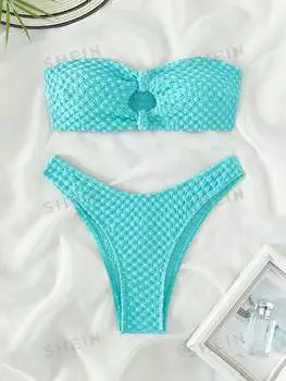 Купальник-бандо текстурированный Shein Swim Basics с V-образным вырезом на талии, мятный / синий