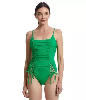 Купальник BECCA Color Code Paula Rouched Square Neck One Piece, цвет Emerald